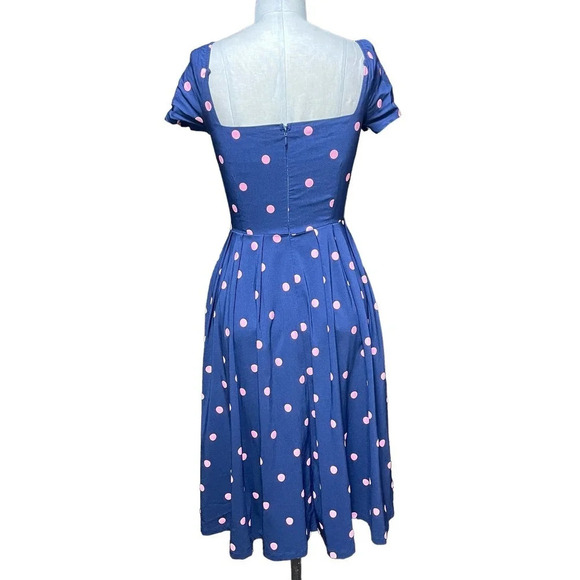 Unique Vintage Polka Dot Fit & Flare Dress Blue Pink Size Small - Picture 7 of 11
